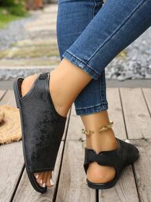 Women's Chinese Style Printed Peep Toe Minimalist Sandals - Black - View 4