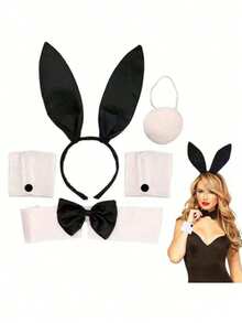 2/3/4/5pcs Adult Plush Rabbit Ear Headband Set, Rabbit Cosplay, Christmas Halloween Easter New Year, Cute Charming Party Costume Photo Props - Black - View 3