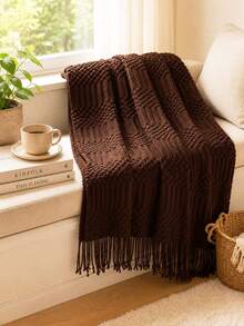 1pc Solid Color Knitted Blanket, Nordic Style Tassel Design Soft Blanket, Office Nap Blanket, Bed Cover, Sofa Throw, Suitable For Daily Use - Bubble Towel Coffee - View 3
