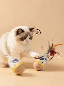 Colorful Cartoon Swinging Cat Toy With 4-Color Spring And Feather Decoration, Rolling Interactive Toy For Kittens And Adult Cats, Indoor Entertainment, Relieve Boredom, Ideal Birthday And Holiday Pet Gift - Multicolor - View 2