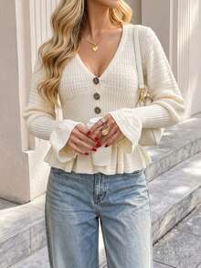 Women's V Neck Long Sleeve Button Detail Short Cardigan, Elegant For Fall And Winter - Beige - View 1