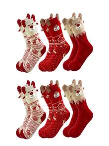 3 Pairs Women's Christmas Socks, Cute Cartoon Reindeer Design, Soft And Comfortable, Winter Holiday Socks - Multicolor - View 2