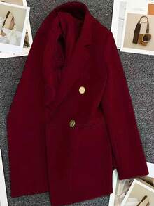 Women's Solid Color Long Sleeve Double-Breasted Blazer With Notch Lapel, Spring/Summer | Suitable For Dates, Parties, Outings And Holiday Celebrations - Burgundy - View 4