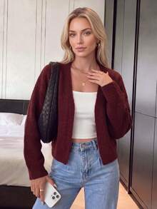 Nicenter Women's Open Front V Neck Long Sleeve Wool Blend Cardigan Sweaters, Red Elegant Fall Clothes For Women, Winter Clothes For Daily Commute Vacation - Burgundy - View 8