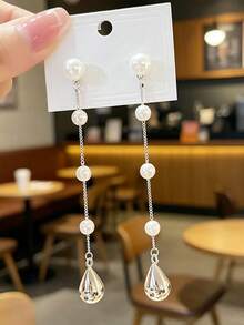 1 Pair Silver Water Drop Pearl Long Tassel Earrings, Fashionable Exquisite Unique Design, Niche Versatile High-End - Silver - View 6