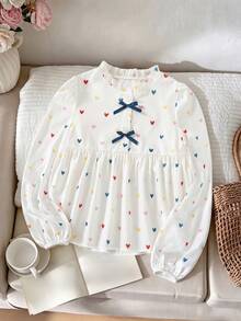 Girls' Casual Fashion Frill Trim Round Neck Bow Half-Button Loose Long Sleeve Shirt Blouse, Spring/Autumn - White - View 1