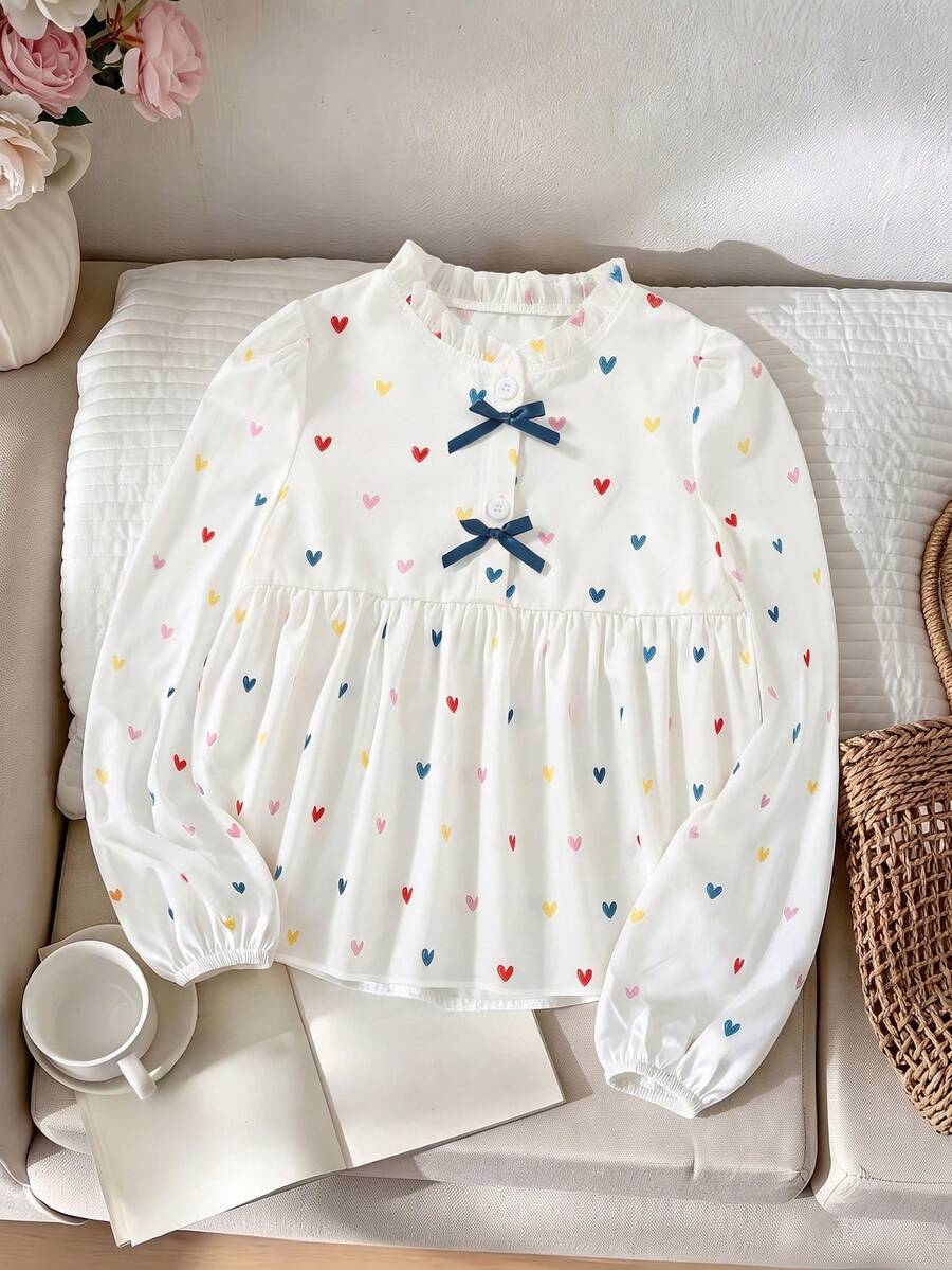 Girls' Casual Fashion Frill Trim Round Neck Bow Half-Button Loose Long Sleeve Shirt Blouse, Spring/Autumn - White - View 1