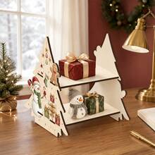 Wooden Double-Layer Freestanding Display Rack With Gingerbread Man And Snowman Pattern, Wooden Desktop Storage Organizer For Christmas, Entryway, Coffee Bar, Home Decor Countertop Shelf, Vertical Storage - Multicolor - View 4