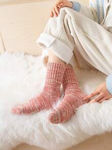 1/3/5 Pairs Women Super Thick Thermal Crew Socks, Retro Marled Striped Terry Lined Winter Socks, Cold Resistant Warm Knit Mid Calf Socks For Snow Days - Multicolor - View 8