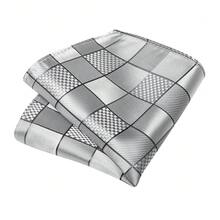 Men's Tie 4pcs Set Silver Grey Fine Plaid Pattern Handkerchief Cufflinks Silver Tie Clip Business Wedding Formal Outfit Matching - Light Grey - View 5