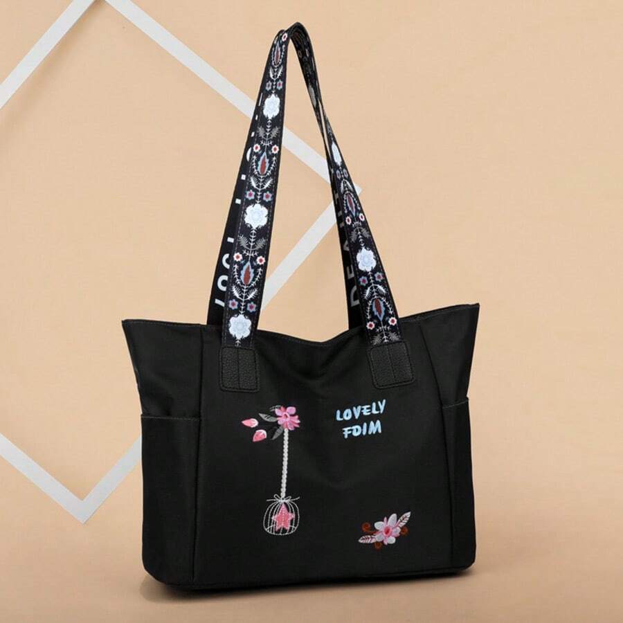 1pc Large-Capacity Embroidered Canvas Tote Bag For Women, Versatile Handbag For Commuting And Travel