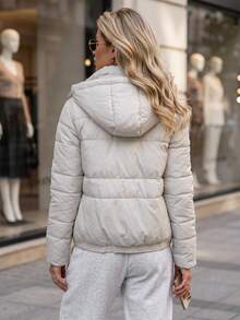 Women's Quilted Hooded Jacket Detachable Drawstring Hood Zip Front Regular Fit - Light Grey - View 3