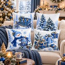 4pcs Blue Christmas Pillow Covers, Winter Wonderland Snowman Tree Gift And Royal Decor Cushion Covers, Elegant Blue White Gold Holiday Home Decor, Without Inserts - Blue and White - View 5