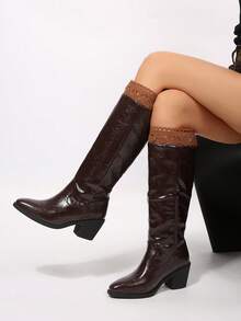 FVPFVP British Style Brown Tall Boots Women Autumn/Winter Long Boots High Shaft Slouch Boots Chunky Heel Pant Leg Boots Pointed Toe High Heel Riding Boots - Coffee Brown - View 3