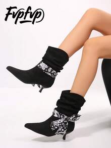FVPFVP Lost Deer [Paisley Flower Slouch Boots] Vintage Slimming Ruched Slouch Boots Women Versatile Minimalist Western Boots - Black - View 1