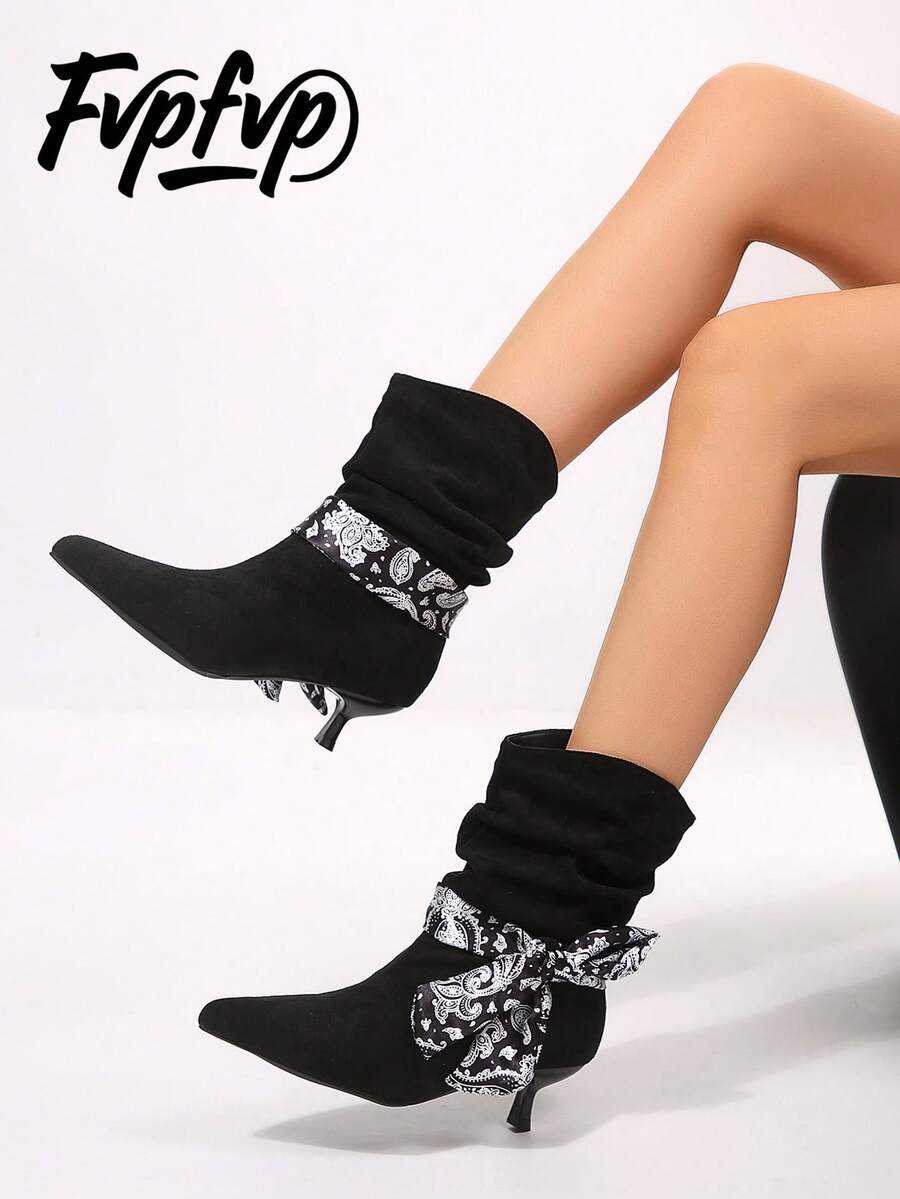 FVPFVP Lost Deer [Paisley Flower Slouch Boots] Vintage Slimming Ruched Slouch Boots Women Versatile Minimalist Western Boots - Black - View 1