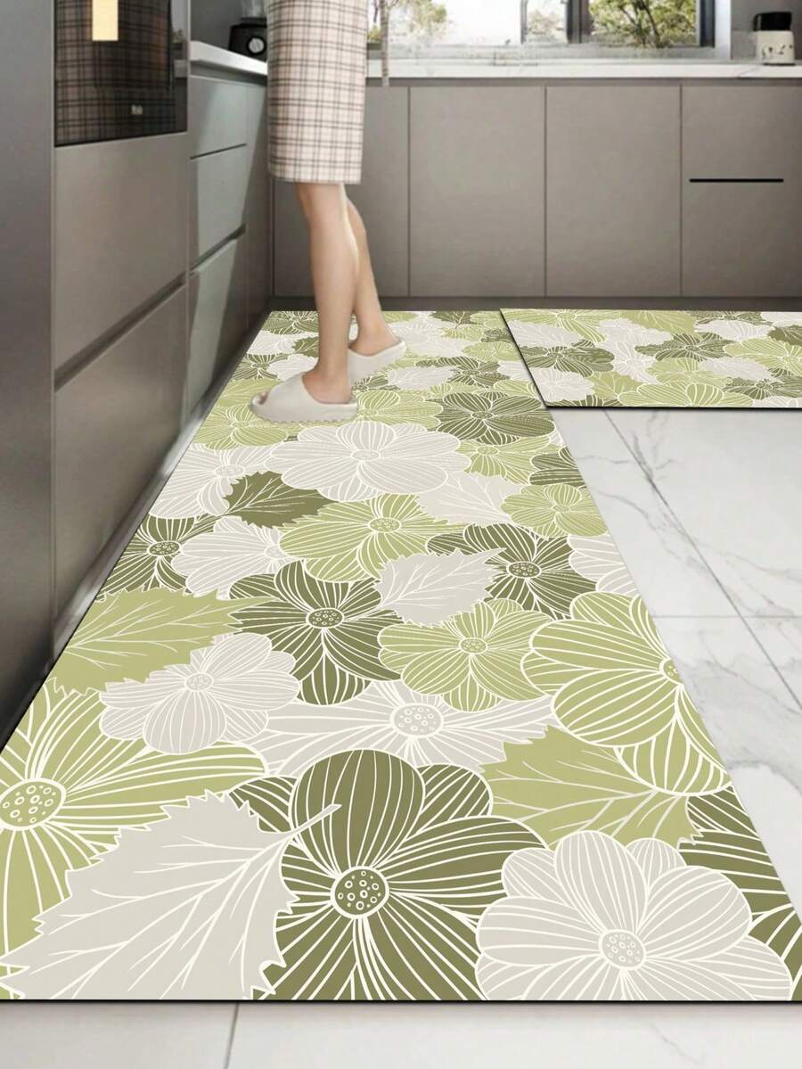 1pc Mori Style Light Green Hand-Painted Floral Diatomaceous Earth Mat, Rubber Non-Slip Bottom Oil-Resistant, 3.5mm Cuttable, Fresh Plant Style, Kitchen Countertop Multi-Scene Absorbent Decorative Pad - Multicolor - View 1
