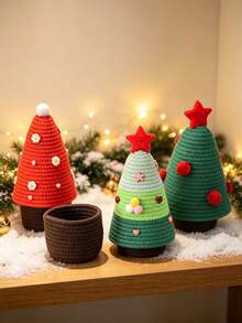 1pc Christmas Lidded Desktop Cotton Woven Storage Basket, Squishy Soft Fabric Decor Bin For Keys Remote Control, Entryway Table Cosmetic Organizer, Festive Winter Style, Multi-Scene Use For Home Decoration - Multicolor - View 7