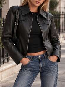 Women's Black PU Leather Zip-Up Utility Jacket - Winter & Autumn Structured Outerwear With Point Collar & Chest Flap Pockets For Modern Chic Style - Black - View 4