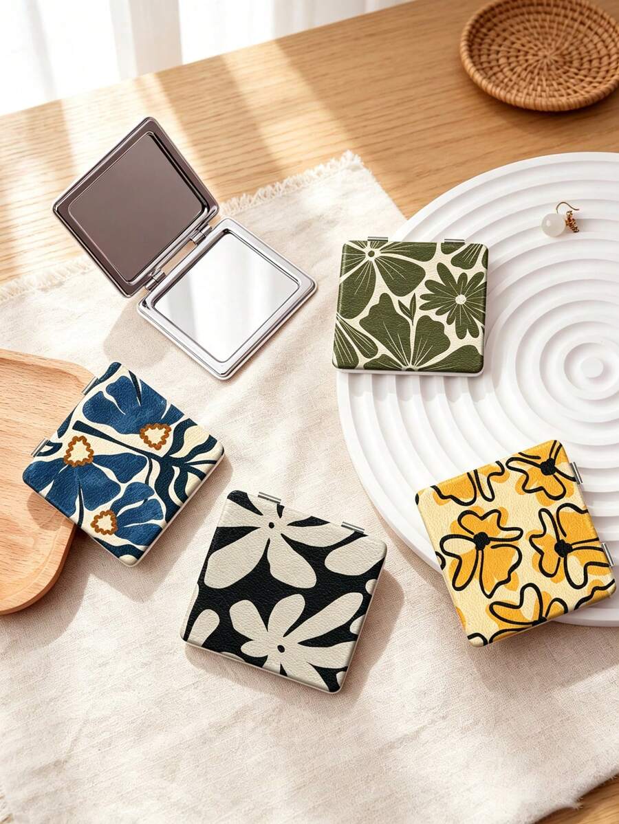 1PC Art Decorative Series Portable Folding Makeup Mirror, Lightweight Ultra-Thin Convenient Durable PU Leather, Suitable For Various Occasions Travel Party Work School, Fits All Ages Universal - Multicolor - View 1
