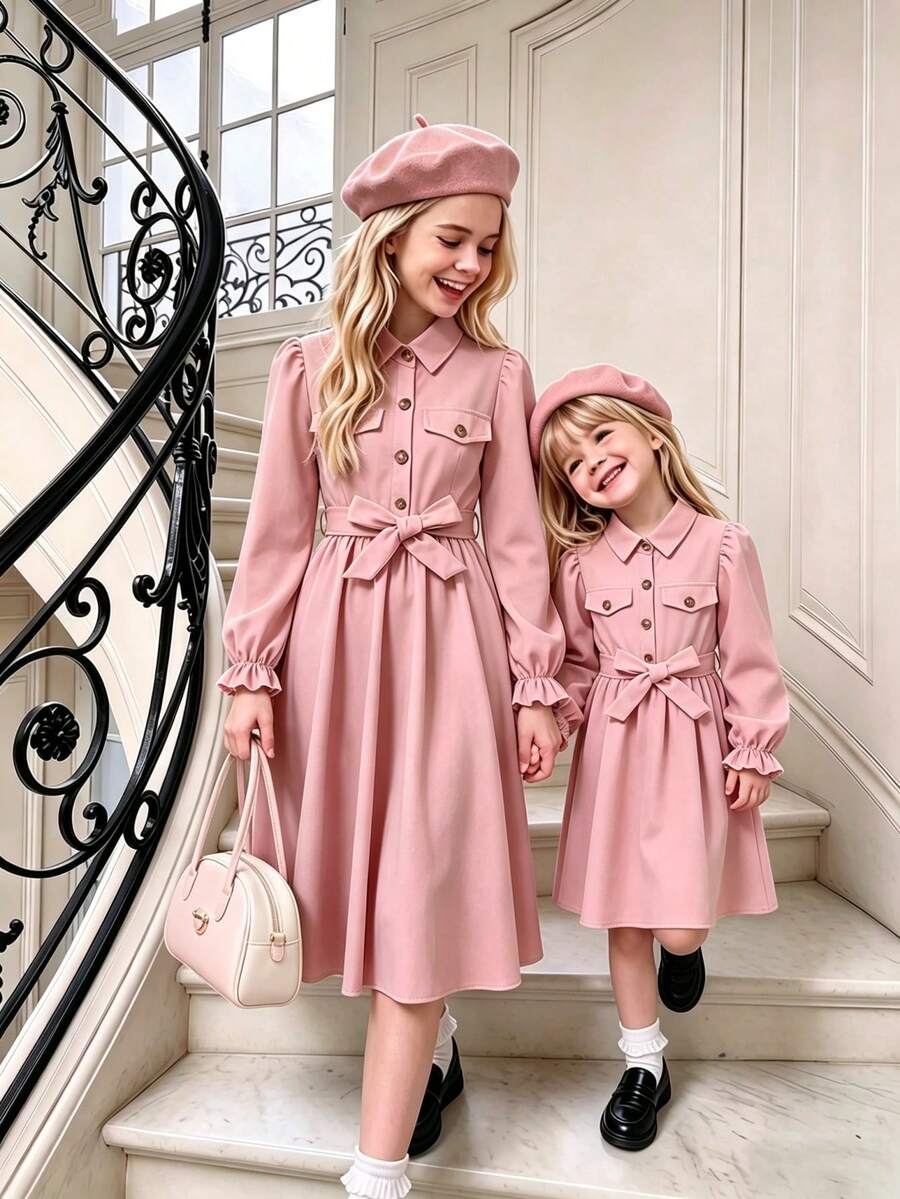 1set Tween Girl Long Sleeve Solid Color Polo Collar Dress With Belt And Hat - Pink - View 1