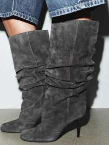 Sepatu Boots Tinggi Ujung Runcing Hak Tinggi Gaya Vintage Shaft Lebar Setinggi Lutut Hak Stiletto Riding Boots Baru - Dark Grey - View 3