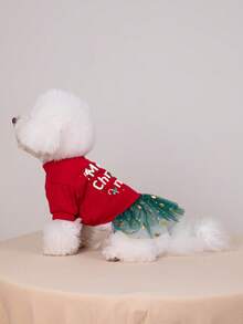 Christmas Pet Dog Velvet Christmas Candy Cane Print Star Tulle Dress Holiday Costume Outfit - Red - View 10