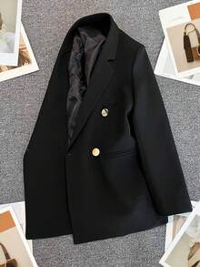 Spring/Summer Women's Solid Color Long Sleeve Double-Breasted Blazer, Notch Lapel | Suitable For Dates, Parties, Outings And Holiday Celebrations - Matte Black - View 4