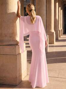 Perirose Women's Solid Color Round Neck Cape Sleeve Fitted Mermaid Hem Elegant Extra Long Dress - Pink - View 2