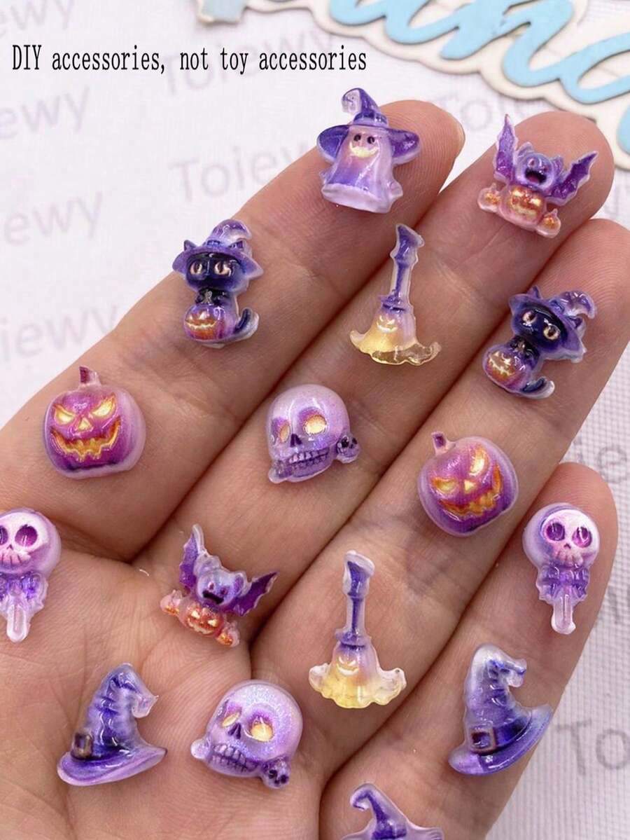 40pcs Mixed Resin Mini Colorful Halloween Ghost Pumpkin Bats Cats Skull Figurines Flatback Rhinestone Art DIY Charm Decor Clothing Scrapbook Crafts Ac - Random mixed - View 1