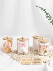 1/2/3/4 Packs Clear Bathroom Storage Jars With Bamboo Lids And Dekorative Schleife, Cotton Swab Qtip Holder, Cotton Ball And Makeup Pad Organizer For Vanity Countertop - Multicolor - View 6