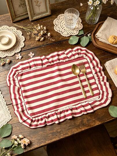 2/6/12pcs Country Style Red & White Striped Scalloped Edge Napkins Placemats, Washable Lightweight Small Table Mats, Decorative Cloth For Holidays Weddings Parties Restaurants Picnics Afternoon Tea