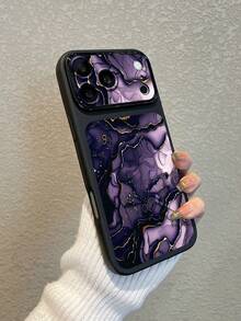 1pc Purple Tone Gold Marble Fluid Tie Dye Pattern Large Window Phone Case, Ins Luxury High-End Style; Black Matte Marble Texture Phone Case, Raised Lens Full Coverage Anti-Drop Soft Shell, Suitable For Personal Use, Valentine's Day, Birthday Gift Choice; Compatible With IPhone Case & Galaxy Case - Black - View 2