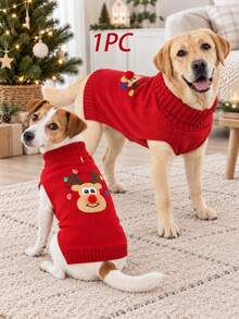 1pc Cute Christmas Reindeer Pet Sweater, Soft, Warm And Comfortable, Suitable For Medium To Large Dogs, Thick Knitted Turtleneck Design, Elastic And Warm, Ideal Winter Outfit For Labrador, Rottweiler, Beagle Puppies And More - Holiday Red - Red - View 2