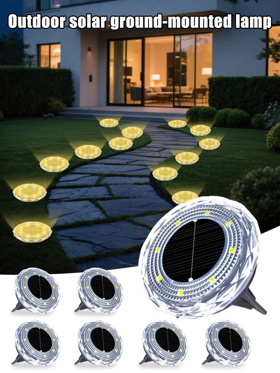 8顆LED燈珠鑽石太陽能地燈,4/8/12件可選,耐用防水太陽能草坪燈,雙色燈光設計,適用於庭院、別墅、人行道、車道、戶外小徑及地面照明佈局裝飾燈 - 彩色 - 查看 1