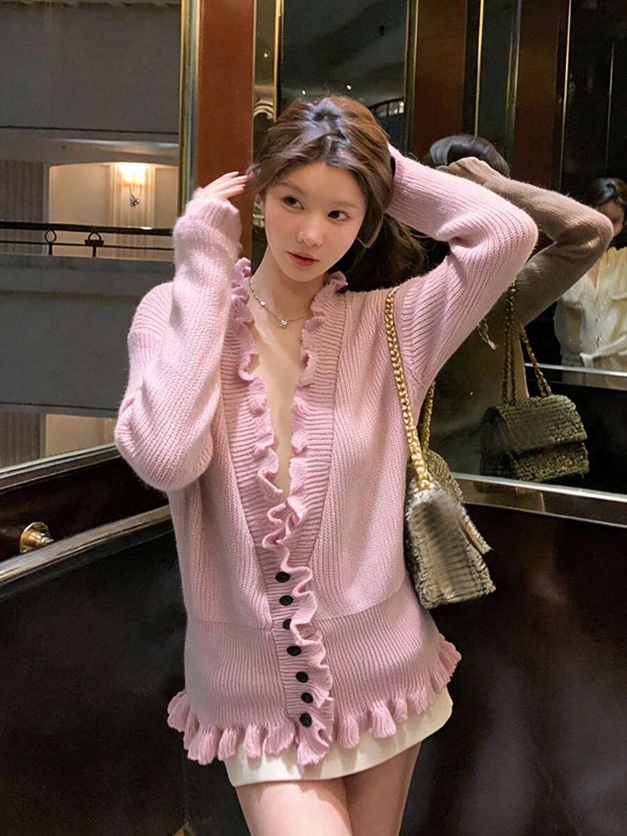 韓式V領小眾女款針織開襟毛衣 秋/冬 寬鬆慵懶風 荷葉邊收腰針織衫 萬聖節毛衣 - 粉色 - 查看 1