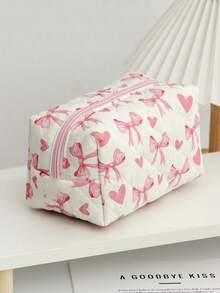 Tas Kosmetik Quilted Putih Krem dengan Pita Pink & Motif Hati, Tas Make Up Travel Kapasitas Besar - MultiWarna - View 4