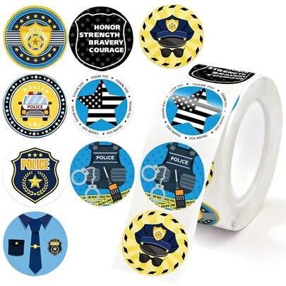 500pcs (1 Roll) Badge Stickers Police Stickers Reward Stickers Safety Education Stickers Police Car Bulletproof Vest Police Car Walkie-Talkie Handcuffs School Home Training Motivational Stickers Gift Decoration Packaging Sealing Stickers Safety Education Stickers Learning Stickers