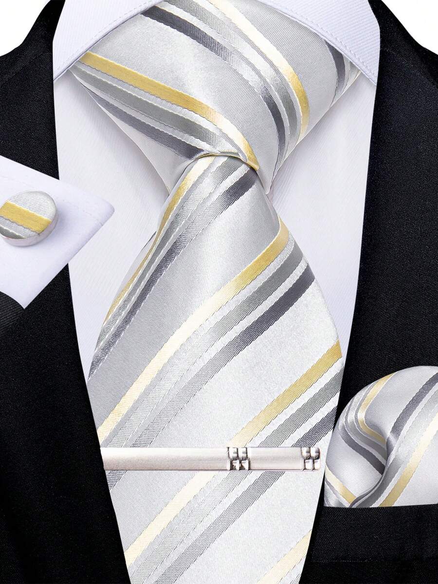 Silver Gray Gold Diagonal Striped Men's Tie 4-Piece Set, Pocket Square, Cufflinks, Silver Tie Clip Combination, Business Formal Accessories - White - View 1