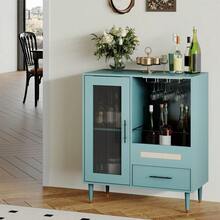 Modern Wine Bar Cabinet With Tempered Glass Door – Freestanding Buffet Sideboard With Integrated Wine Glass Rack, Drawers, Adjustable Shelves – Compact Storage For Home, Kitchen, Dining, Living Room - Green - View 3