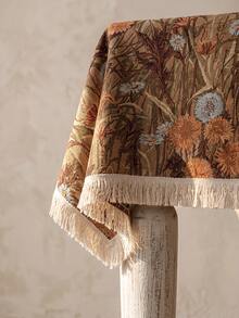 1pc Brown Base Vintage Autumn Floral Plant Print Tablecloth, Retro Natural Style Jacquard Fabric, Rectangular Beige Tassel Edge Detail, Stain-Resistant Desktop Protection Functional Long Tablecloth Suitable For Daily Home And Natural Dining Table Decor Scenes - Brown - View 6