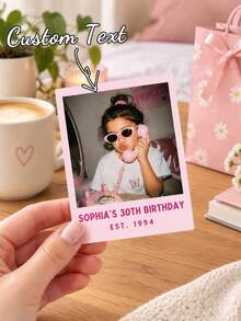 Custom Birthday Photo Card Stickers, Personalized Photo Stickers, Personalized Mini Photo Cards With Name And Year, Y2K Pink Border Party Favor Cards, Customized Commemorative Birthday Gift Cards - Multicolor - View 6