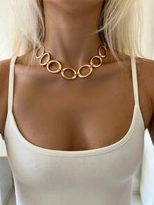 1pc Fashion Minimalist Metal Texture Geometric Round Disc Patchwork Necklace, Versatile Design With Tactile Round Disc Circular Patchwork Neck Chain, Suitable For Women's Daily, Vacation And Party Wear - Gold - View 2