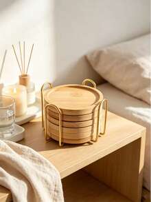 Bamboo Round Coaster Set With V-Shaped Gold Iron Storage Rack, 4-Piece And 6-Piece Organizer Set, Coaster Holder Also Functions As Cup Holder, Heat-Resistant Anti-Scald Water Cup Coaster, Natural Bamboo Tea Cup Coaster, Desktop Protection Pad, Home Coffee Cup Coaster, Minimalist Home Dining Table Coffee Table Decor, Easy Storage Non-Slip Coaster Home Gift. - Gold - View 9