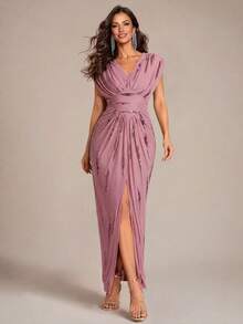 EVERPRETTY Autumn Elegant Charming Pink Sequin Embroidered V-Neck Batwing Sleeve Slit Evening Gown Formal Dress Suitable For Party, Dinner, Semi-Formal Occasions - Dusty Pink - View 6