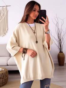 Plus Size Women's Loose Fit Minimalist Casual Everyday Style Autumn/Winter European & American Commuter Solid Color Crew Neck 3/4 Sleeve Split Hem Pullover Sweater - Apricot - View 3