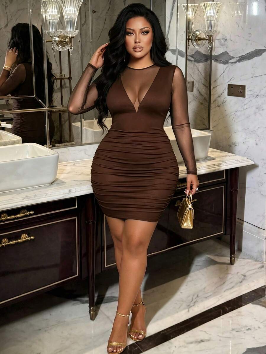 BIUBIU 女款大尺碼性感修身針織棕色抓皺迷你洋裝,透視長袖,高彈力修身剪裁,打造驚艷造型 - 棕色 - 查看 1