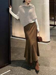 Grey Chunky Knit Turtleneck Cape Shawl For Women, Asymmetrical Hem Sleeveless Overlay, Autumn/Winter Layering Outerwear - Dark Grey - View 5