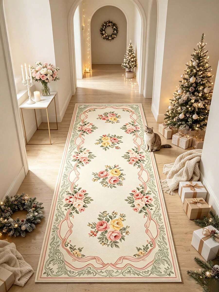 1pc Pink & Green Floral Runner Rug, Hallway Long Carpet, Area Rug, Home Decor, Living Room Rug, Room Decoration, Washable Carpet, Christmas Gift - Pink and Green Floral - View 1