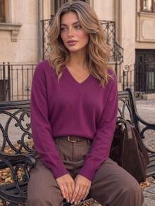 GIGOGOU Spring Autumn Basic Soft Cozy Women Knit Sweater Casual Thin Long Sleeves Pullover Top For Fall Black - Purple - View 6